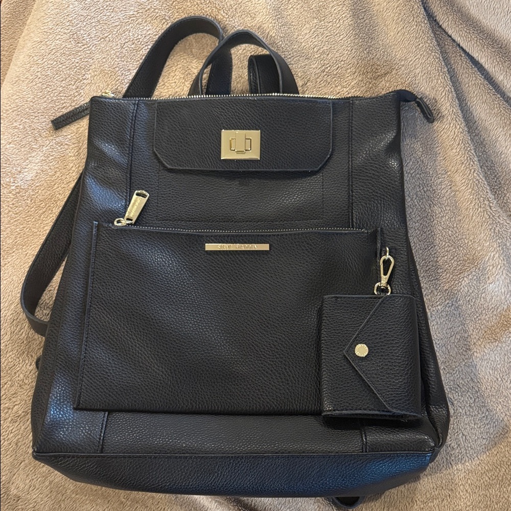 Black Leather Backpack with Gold Accents
